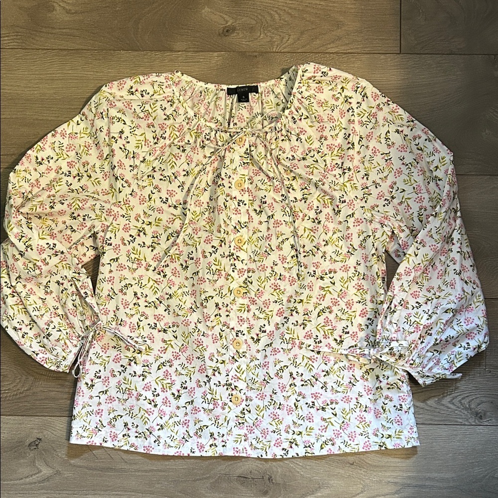 J. Crew White Floral Tie-Neck Blouse with Pink & Green Print